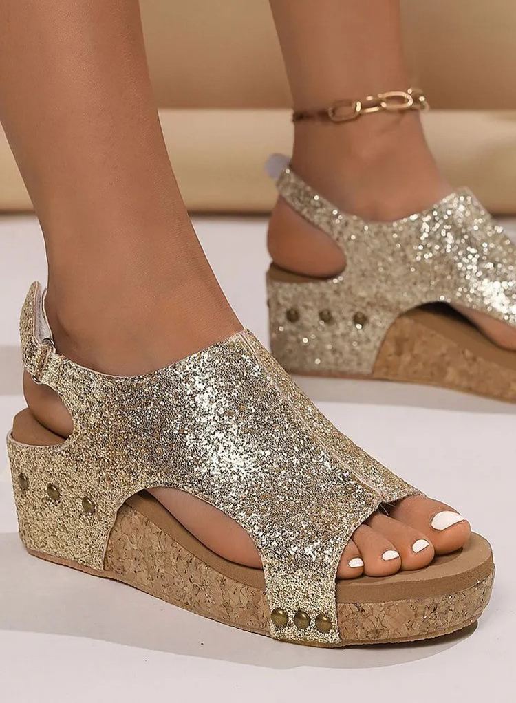 Fish Mouth Rivet Wedge Sandals for Women, Casual Adjustable Buckle Summer Platform Shoes