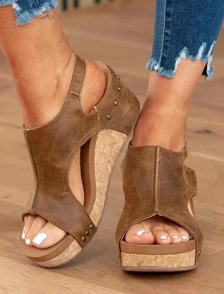 Fish Mouth Rivet Wedge Sandals for Women, Casual Adjustable Buckle Summer Platform Shoes