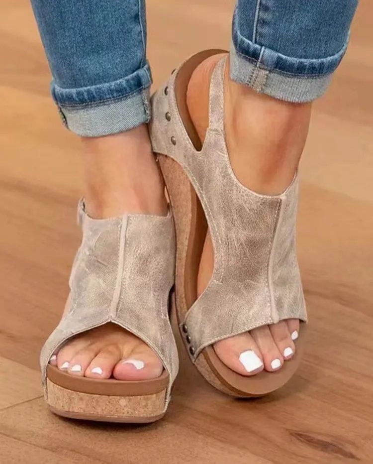 Fish Mouth Rivet Wedge Sandals for Women, Casual Adjustable Buckle Summer Platform Shoes