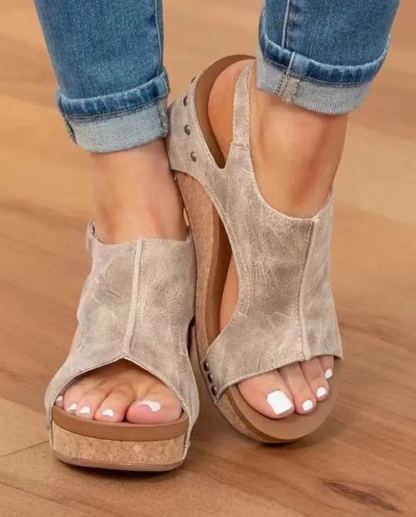 Fish Mouth Rivet Wedge Sandals for Women, Casual Adjustable Buckle Summer Platform Shoes