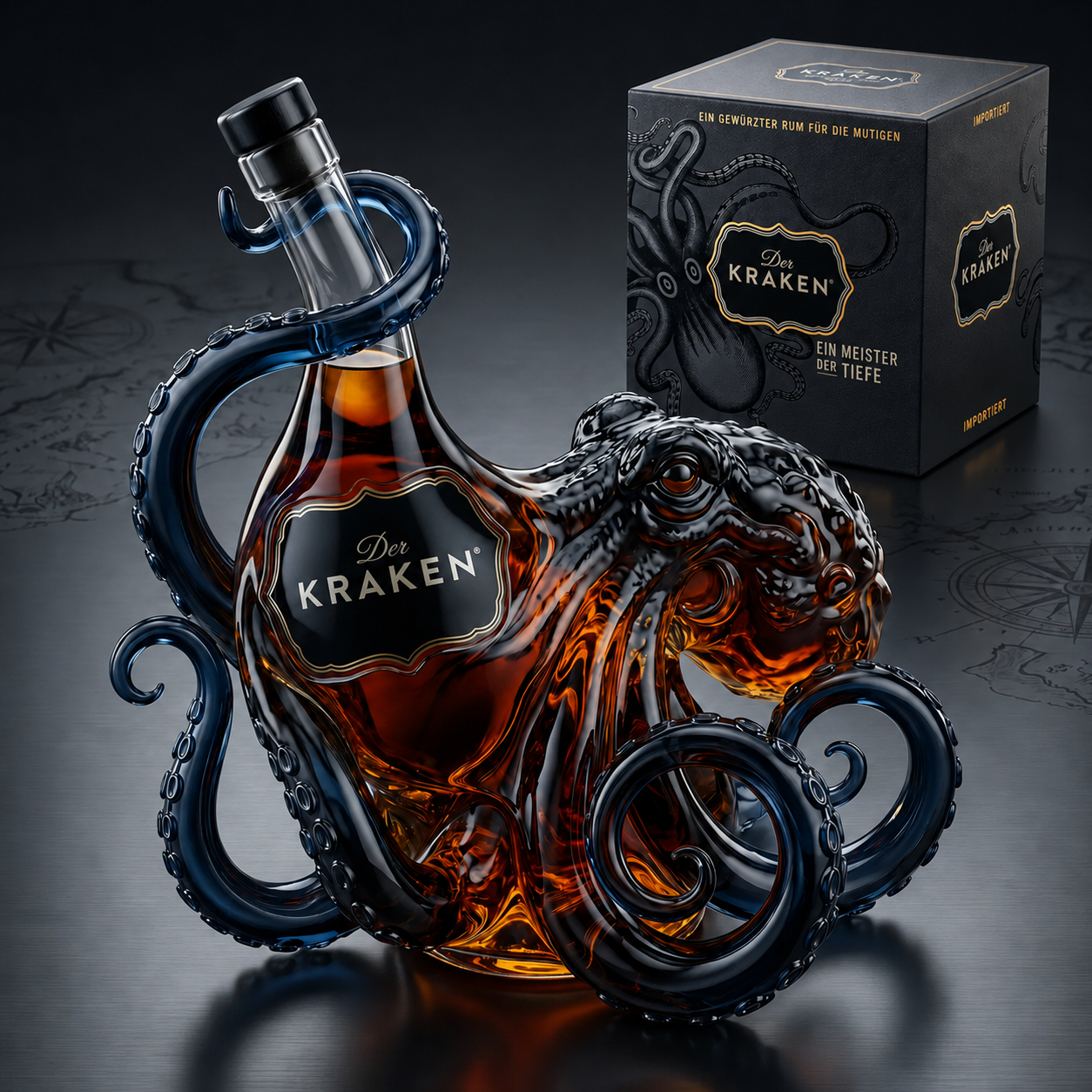 3D-Sammler-Rumflasche im Kraken-Design – „Rum einschenken. Die Legende bewahren.“
