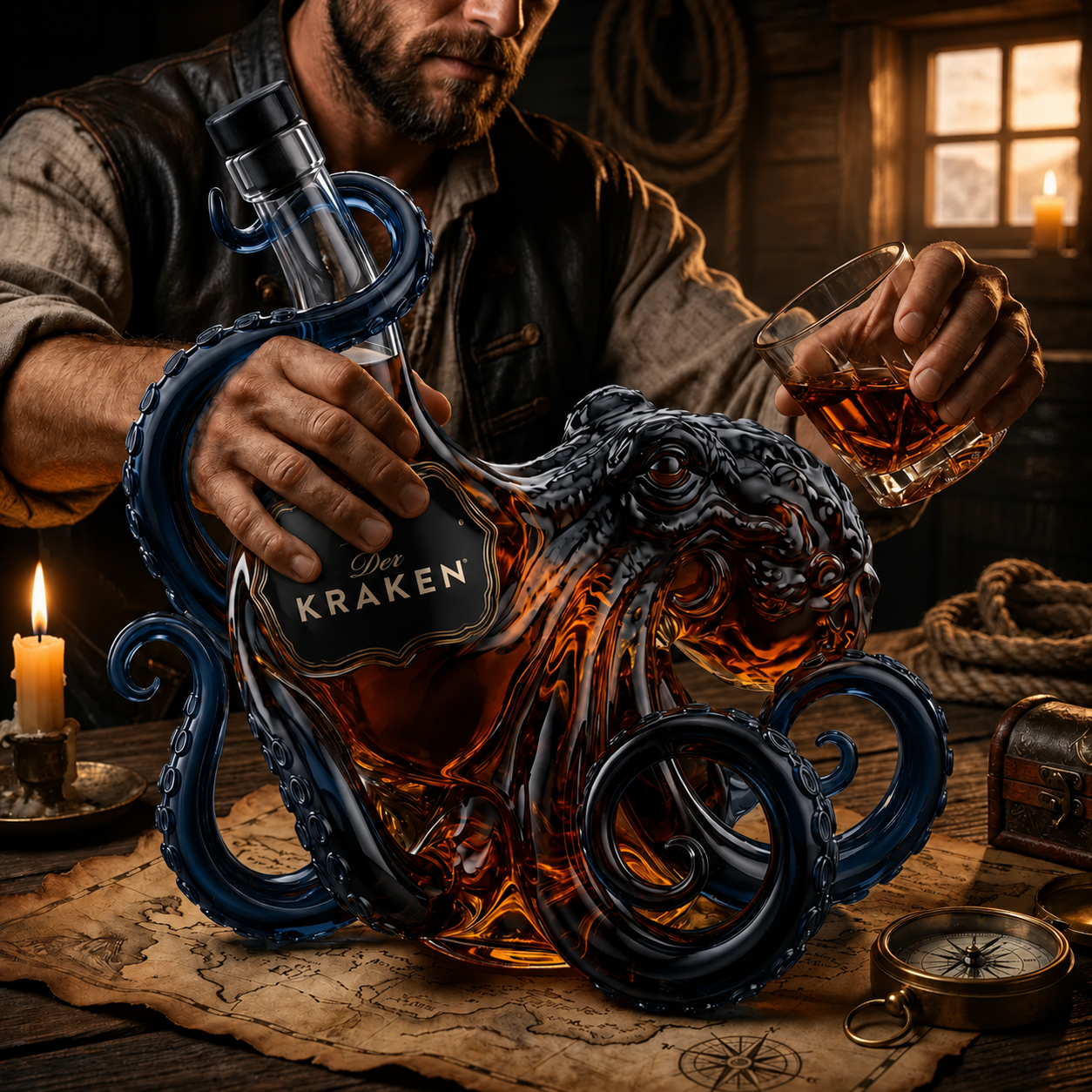 3D-Sammler-Rumflasche im Kraken-Design – „Rum einschenken. Die Legende bewahren.“