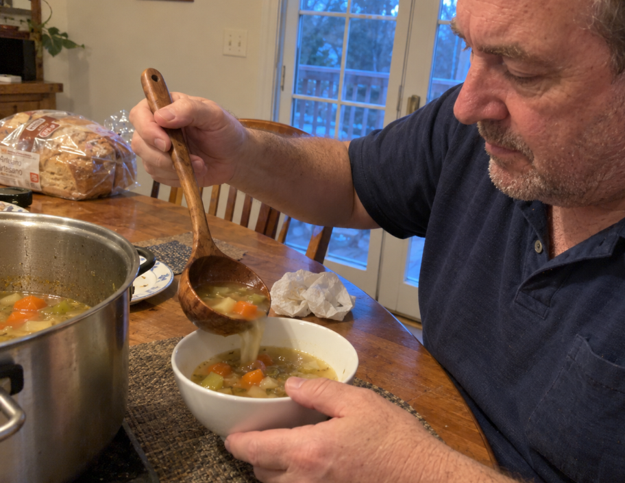 Person serving vegetable soup with a wooden ladle