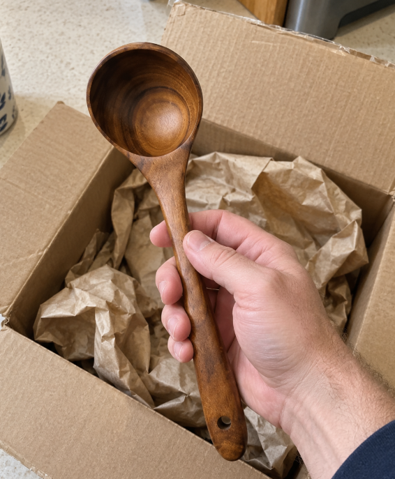 Hand holding a wooden ladle above an open package