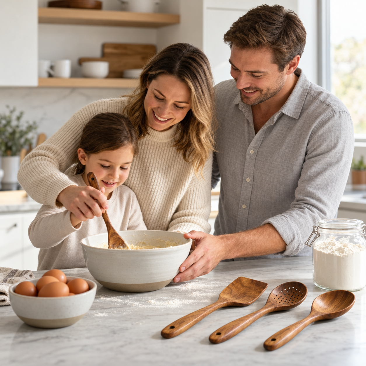 Family preparing food with acacia utensils