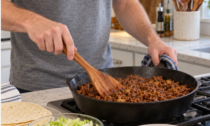 Person moving taco filling with a wooden spatula