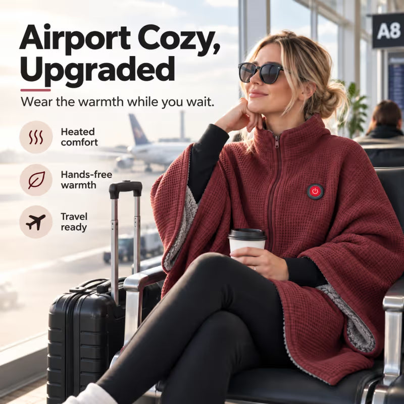 Woman wearing the wine-red heated shawl beside her suitcase at an airport gate