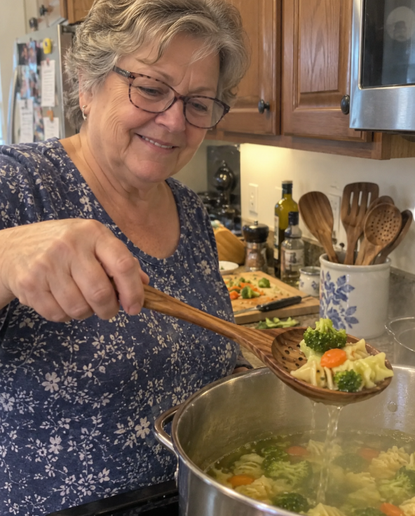 Person lifting vegetables with a perforated wooden spoon
