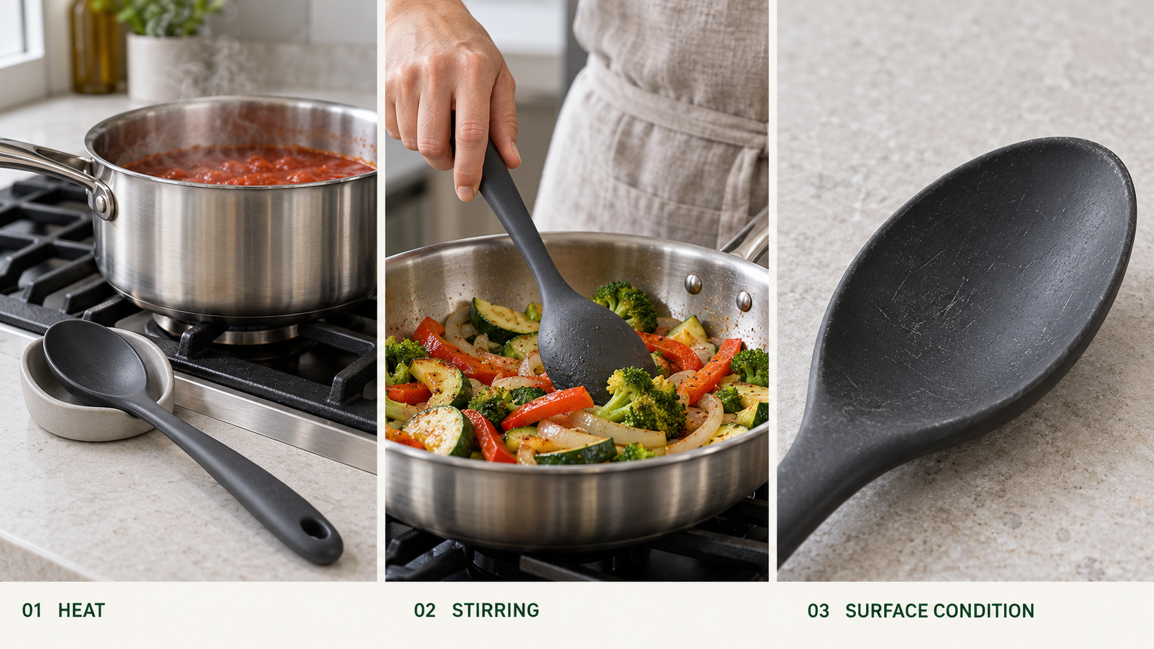 Heat, stirring and utensil surface condition
