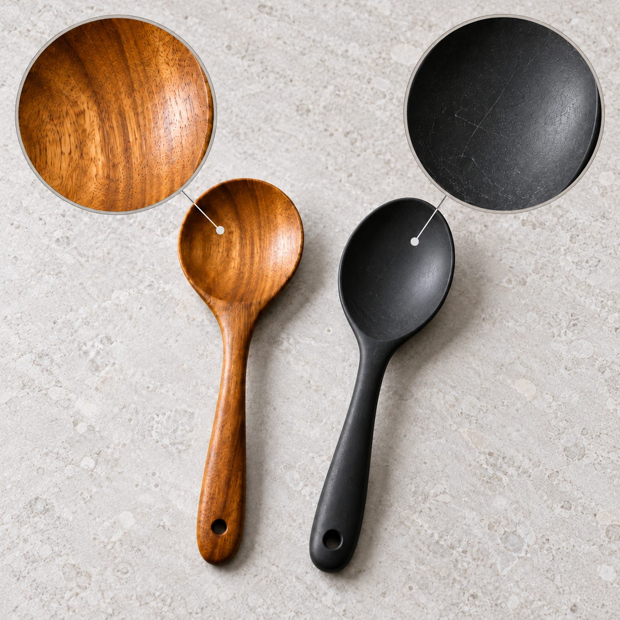 Wooden and plastic spoons with enlarged surface details