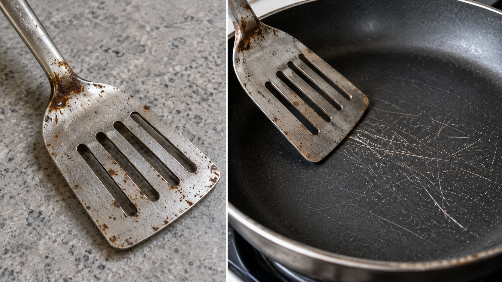 Metal utensil wear and pan surface scratches