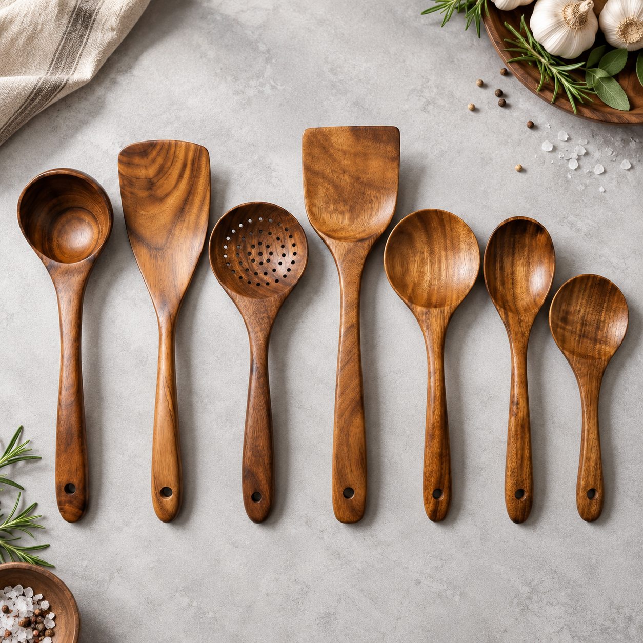 Seven-piece acacia utensil set