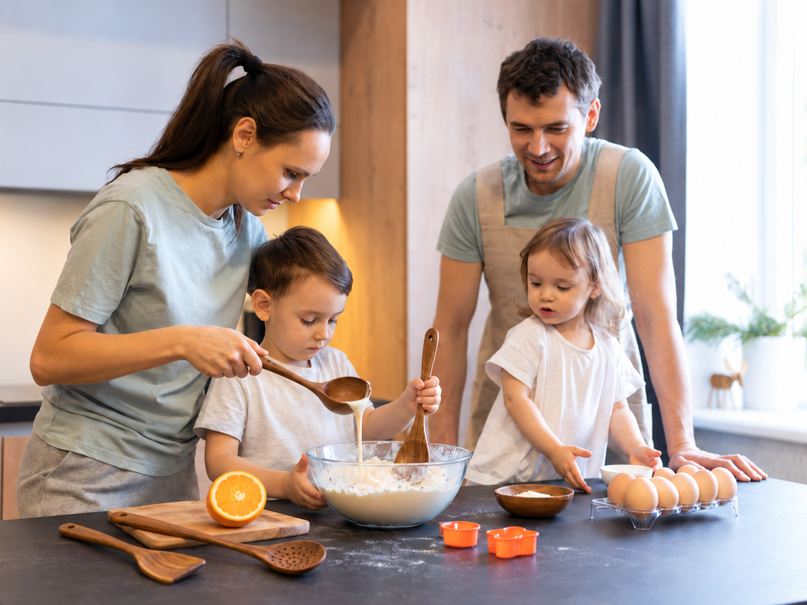 Family preparing food with acacia kitchen utensils