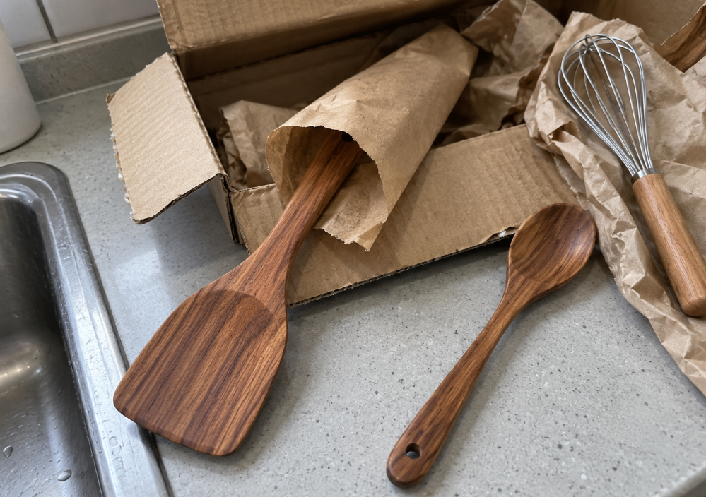Wooden utensils and wire whisk with paper packaging