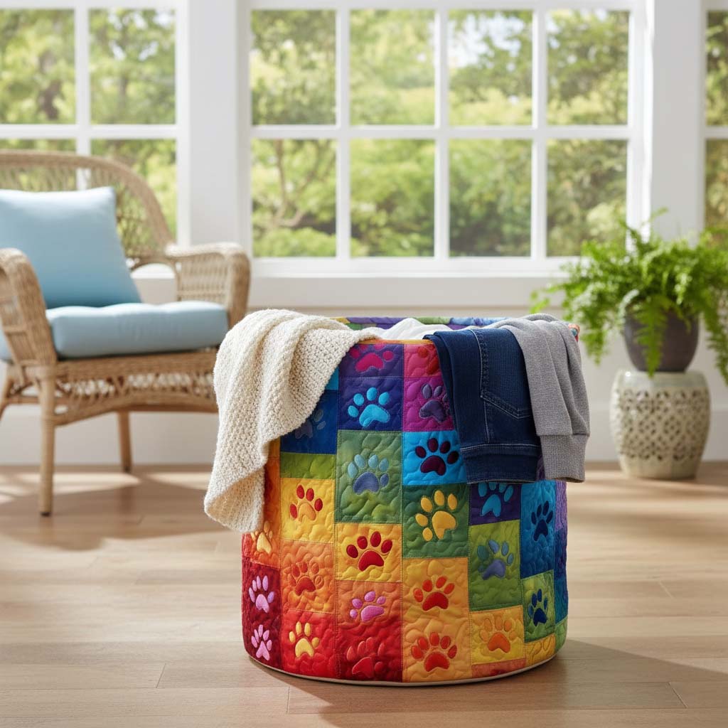 Rainbow Paws Quilted Laundry Basket  |  Pet paw