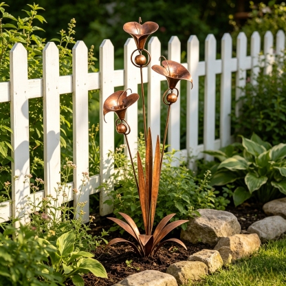 Flamed Copper Calla Lily Garden Stake with Bells – Elegant Outdoor Yard Decor 🌿🔔