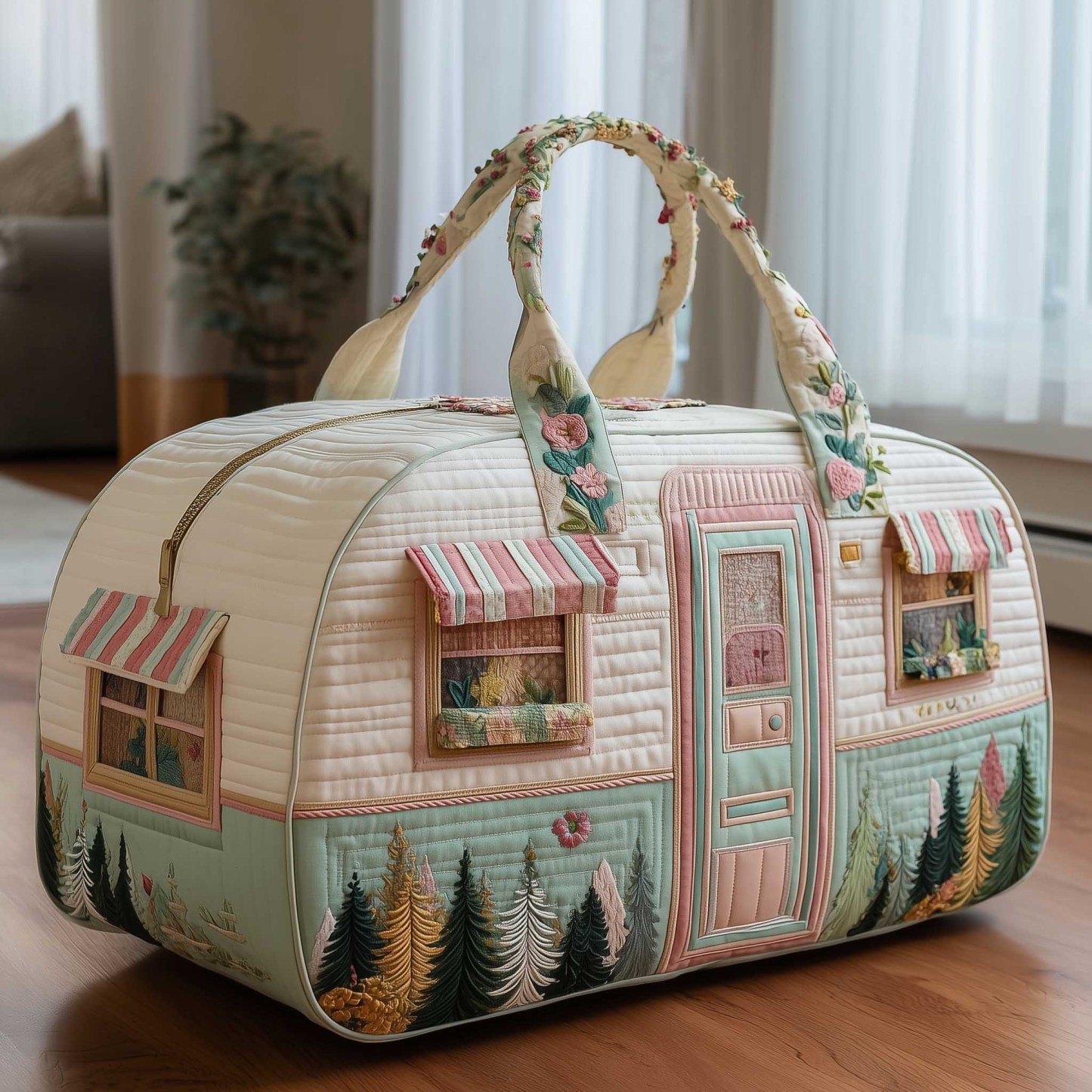 🏕️ Forest Camper Quilted Duffle Bag 🌲-Cozy Vintage RV Travel & Weekender Bag