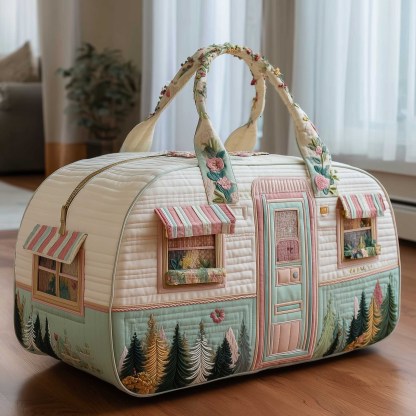 🏕️ Forest Camper Quilted Duffle Bag 🌲-Cozy Vintage RV Travel & Weekender Bag