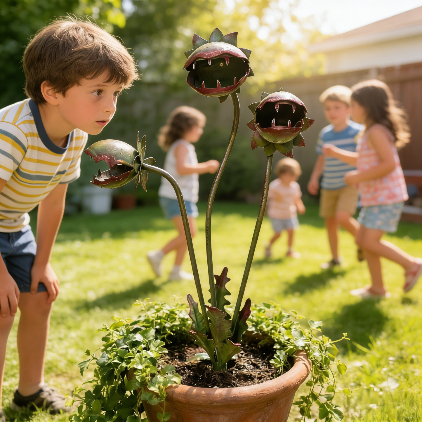 Whimsical Metal Carnivorous Plant Garden Stake