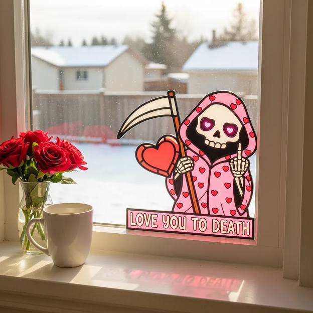 💖"Love You To Death" Grim Reaper Window Corner Suncatcher | Pastel Goth Valentine's Decor