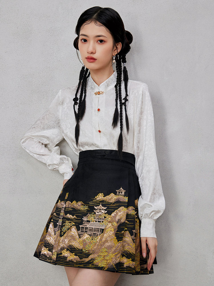 Mountains, Waters, and Pavilions – Woven Gold Short Mamianqun Skirt Neo-Hanfu Mini Skirt-Lovesyouforever
