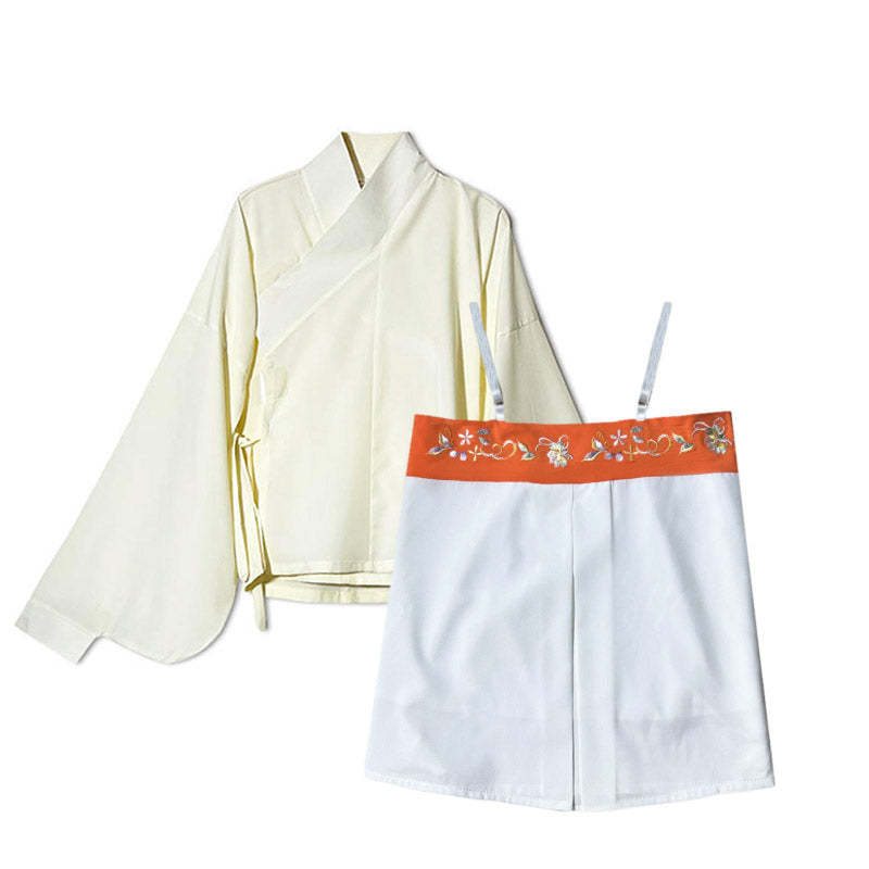 Chinese Style Solid Color Pipa Sleeve Cross-collar Top + Embroidered Suspenders - Clearance Special-Lovesyouforever