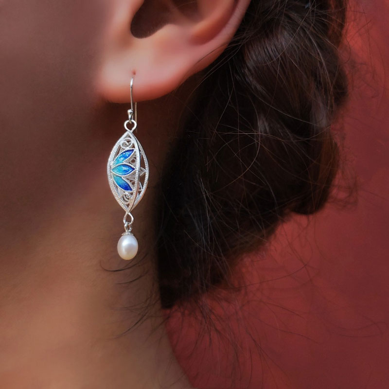 Vintage Cloisonné Silver Filigree Lotus Drop Earrings with Pearl-Lovesyouforever