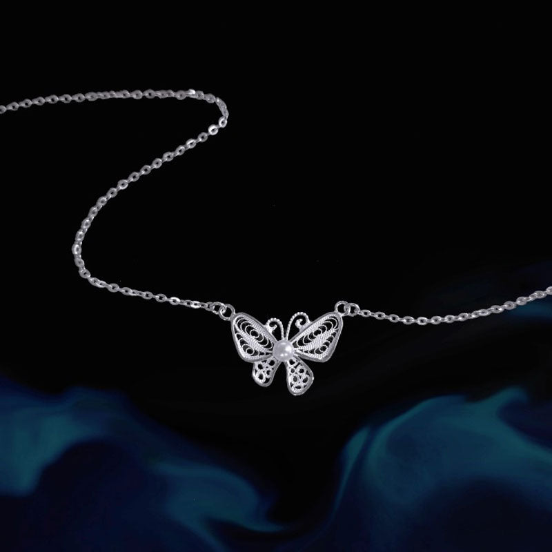 Exquisite Plain Silver Filigree Butterfly Necklace Inlaid with Natural Freshwater Pearls-Lovesyouforever