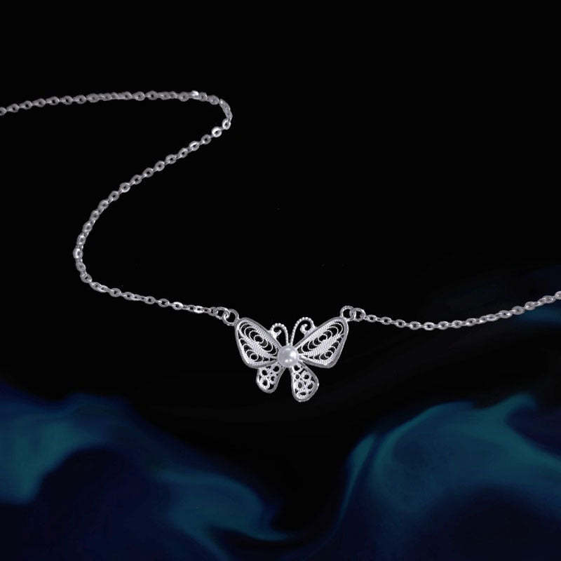 Exquisite Plain Silver Filigree Butterfly Necklace Inlaid with Natural Freshwater Pearls-Lovesyouforever