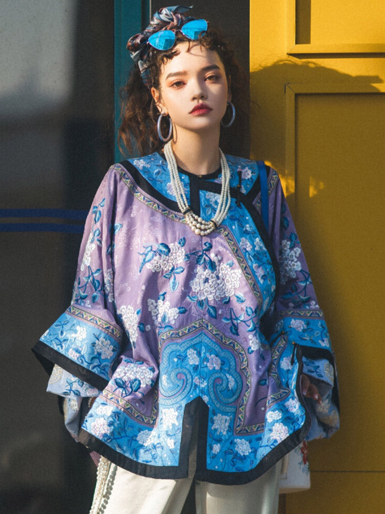 New Chinese Style Purple Jacquard Diagonal Placket Han Elements Women's Top Shirt-Lovesyouforever