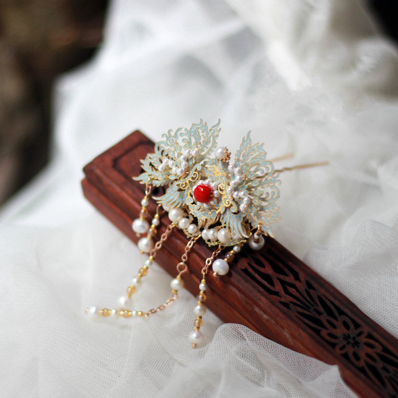 Retro Chinese Style Blue Cloisonne Pearl Tassel Hairpin Hanfu Accessory-Lovesyouforever