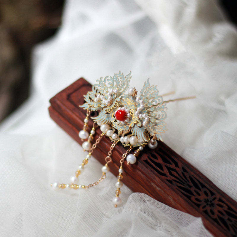 Retro Chinese Style Blue Cloisonne Pearl Tassel Hairpin Hanfu Accessory-Lovesyouforever