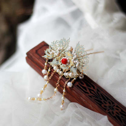 Retro Chinese Style Blue Cloisonne Pearl Tassel Hairpin Hanfu Accessory-Lovesyouforever