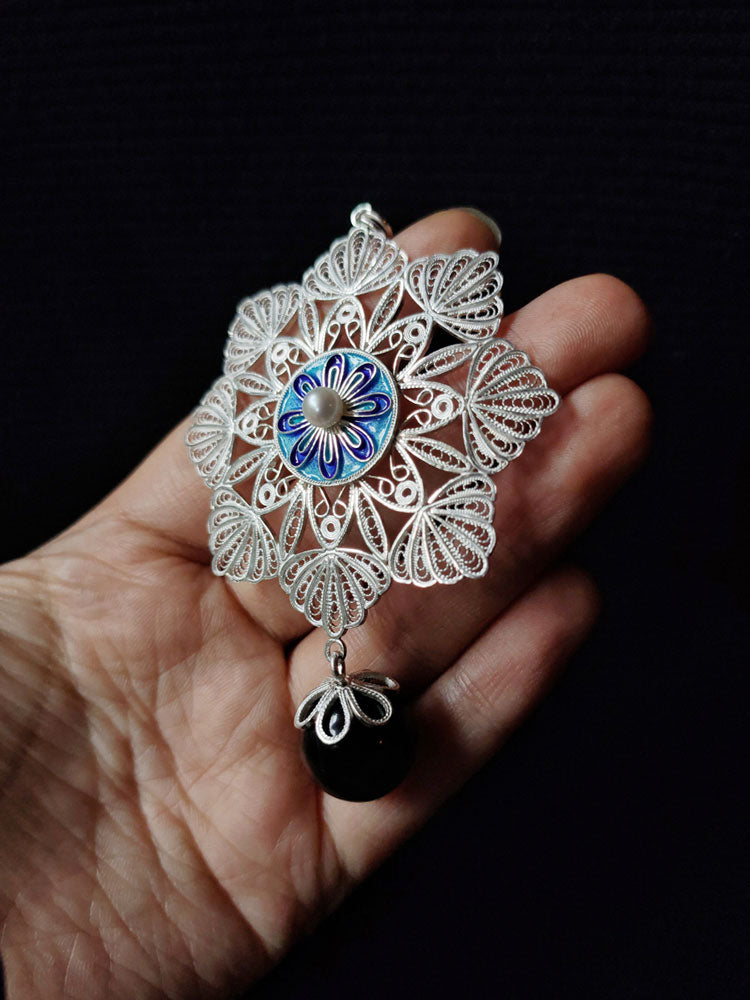 Vintage Cloisonné Silver Filigree Inlaid Freshwater Pearl Mandala Flower Necklace Pendant - Traditional Handcrafted Jewelry Gift-Lovesyouforever