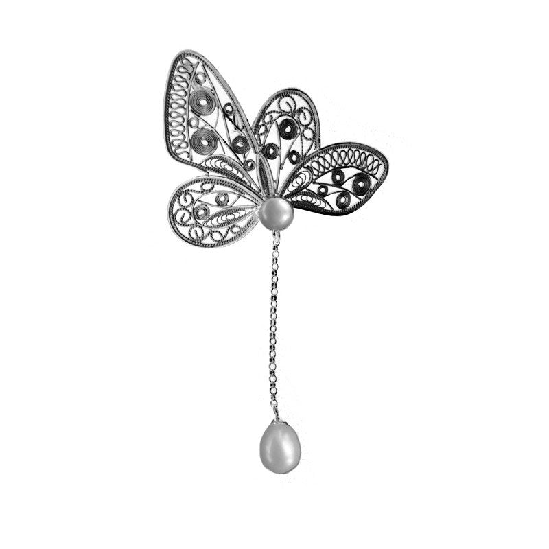 Vintage Plain Silver Filigree Butterfly Brooch/Pendant with Natural Freshwater Pearls-Lovesyouforever