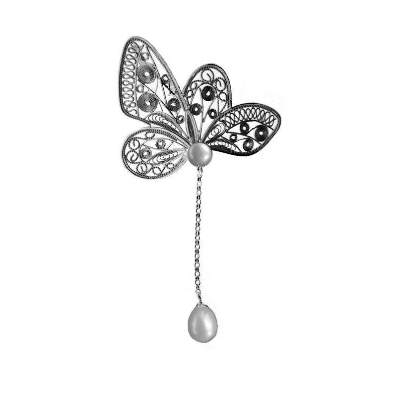 Vintage Plain Silver Filigree Butterfly Brooch/Pendant with Natural Freshwater Pearls-Lovesyouforever