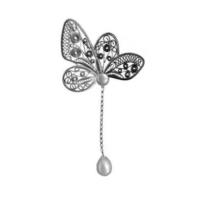Vintage Plain Silver Filigree Butterfly Brooch/Pendant with Natural Freshwater Pearls-Lovesyouforever