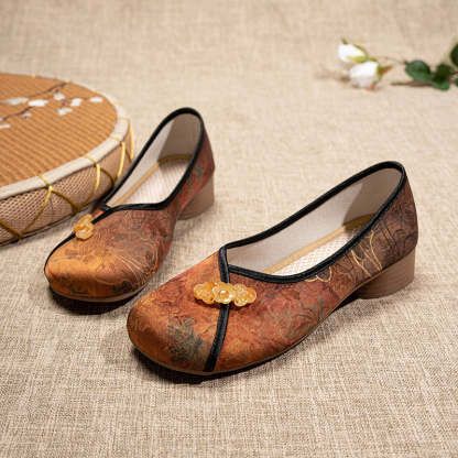 Retro Chinese Print Low Heel Loafers Casual Shoes for Women-Lovesyouforever