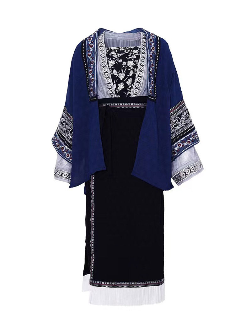 Miao Ethnic Minority Blue Embroidery Morden Hanfu Skirt Set-Lovesyouforever