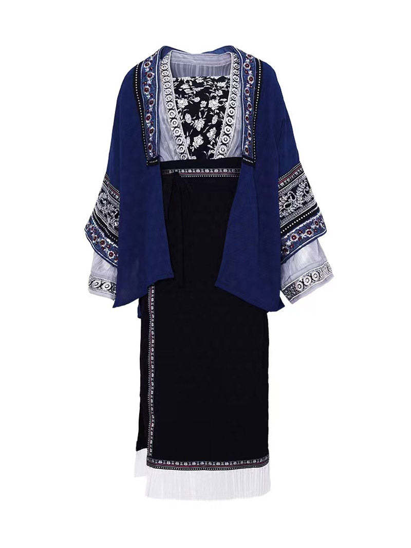 Miao Ethnic Minority Blue Embroidery Morden Hanfu Skirt Set-Lovesyouforever