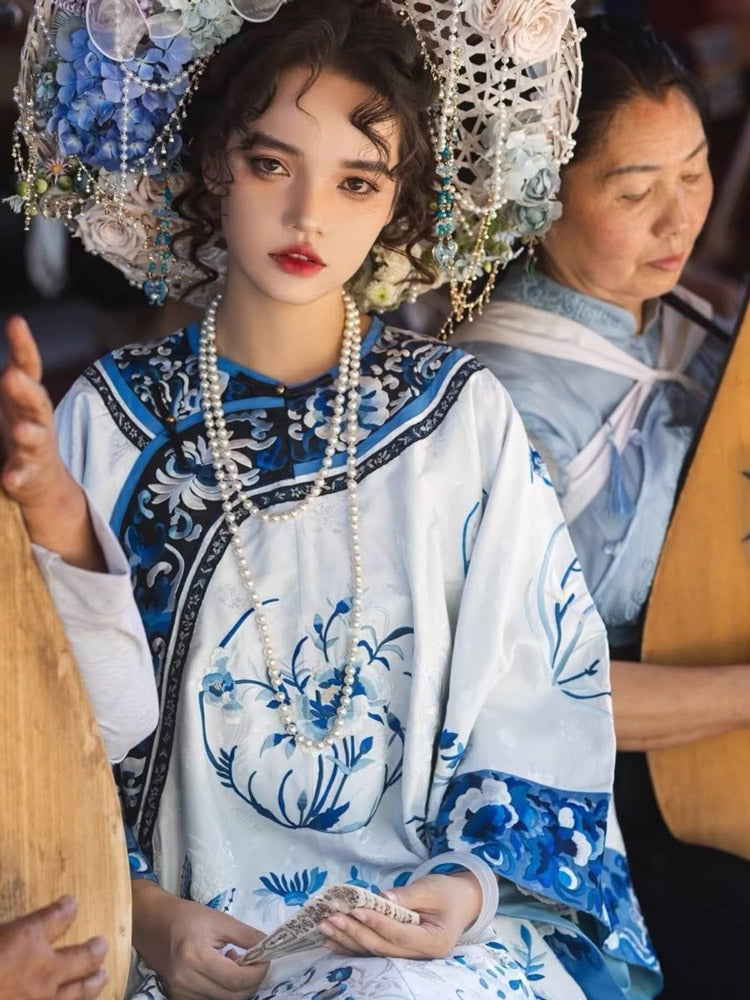 Vintage Han Elements Blue and White Porcelain Printed Jacquard Top for Women-Lovesyouforever