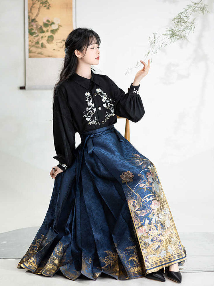 Fragrant Lotus Pond - Blue Lotus Pattern Woven Gold Mamianqun Skirt-Lovesyouforever
