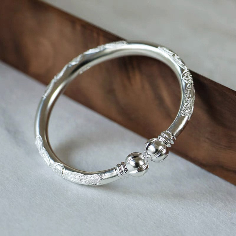 Hand Carved Retro Chinese Lotus Pattern Pure Solid Silver Bangle Bracelet with Pumpkin Shaped Opening-Lovesyouforever