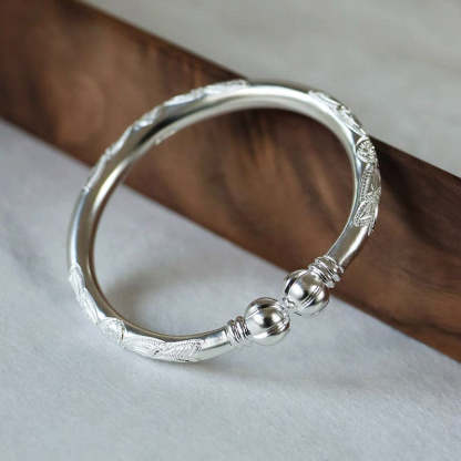 Hand Carved Retro Chinese Lotus Pattern Pure Solid Silver Bangle Bracelet with Pumpkin Shaped Opening-Lovesyouforever