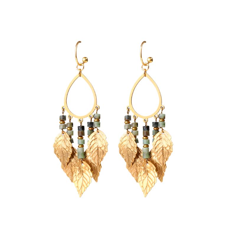 Handmade Natural Vintage Style Gold Leaf Tassel Earrings with African Turquoise-Lovesyouforever