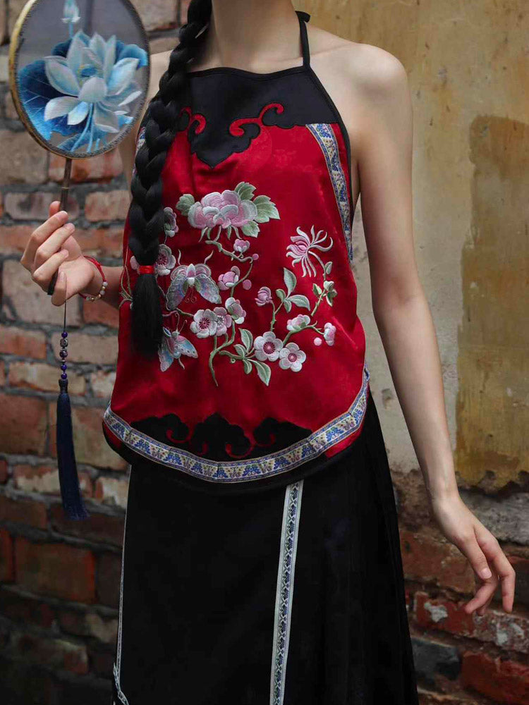 Vintage Chinese Silk Camisole with Floral and Butterfly Embroidery Hanfu Undershirt-Lovesyouforever