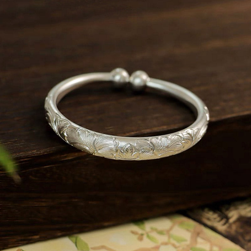 Vintage Chinese Style Hand-Carved Flower Pure Solid Silver Bangle Bracelet for Women-Lovesyouforever