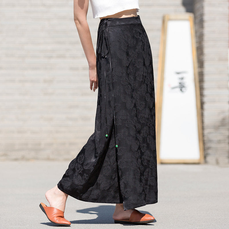Black Vintage Chinese-style Feather Pattern Jacquard Midi Skirt for Women-Lovesyouforever