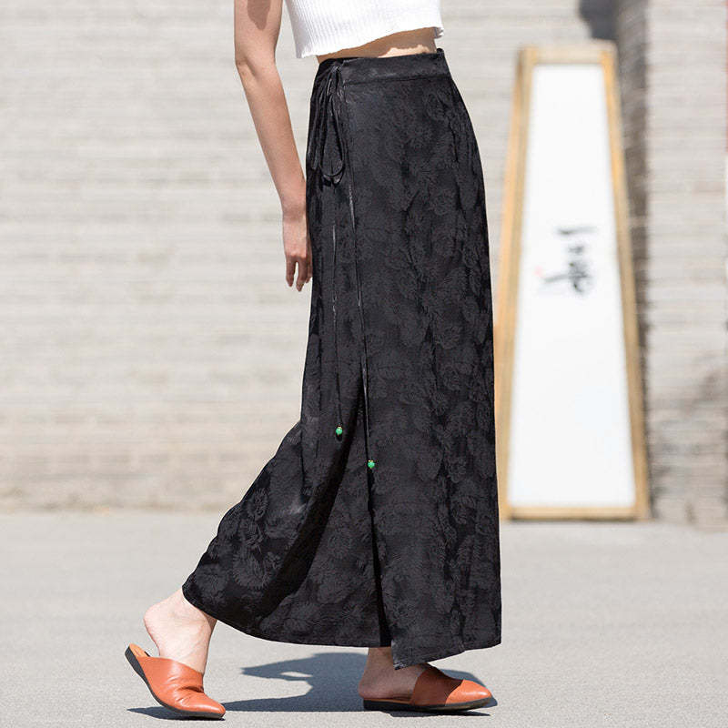 Black Vintage Chinese-style Feather Pattern Jacquard Midi Skirt for Women-Lovesyouforever