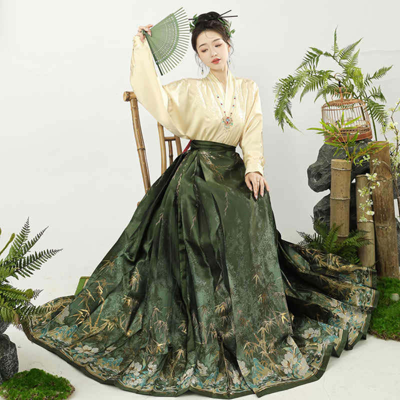 Flickering Bamboo Shadows - Green Vintage Woven Gold Mamianqun Skirt-Lovesyouforever